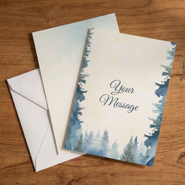 Blå tallar din meddelandehögtid  anteckningskort (Blue pine trees your message holiday note card.)
