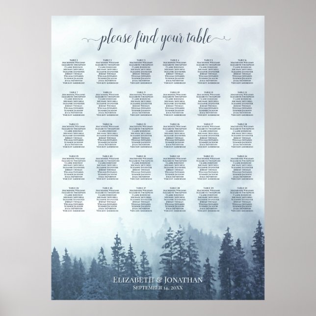 Blå tallskog 30 bord bröllopsplatskarta poster (Framsidan)