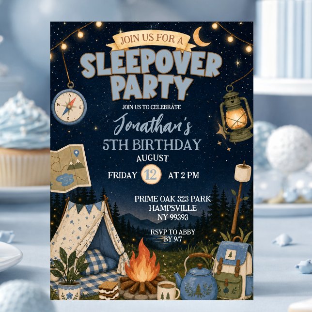 Blå tält övernattningsparty födelsedag inbjudningar (Skapare uppladdad)