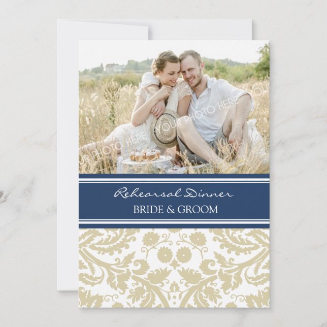 Blå Tan Damask Photo Rehearsal Middag Party Inbjudningar (Framsida)