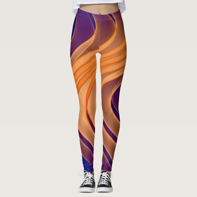 Blå Tan Lila Swirl Mönster Leggings (Framsida)