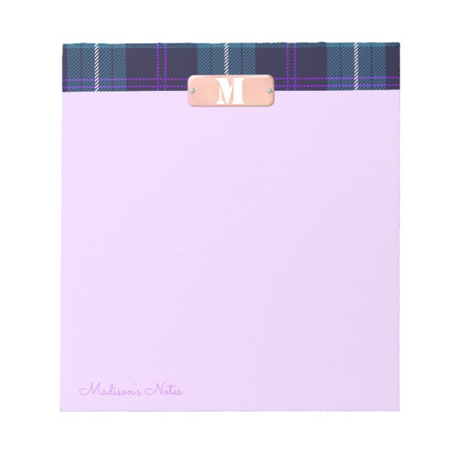 Blå Tartan Anpassad Skript Monogram Ljus Lilafärga Anteckningsblock (Framsida)