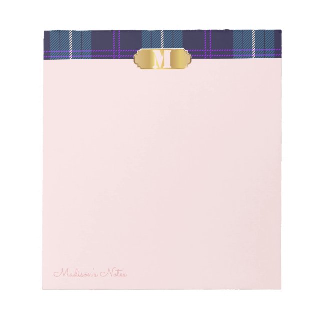 Blå Tartan Guld Anpassad Skript Monogram Aprikos Anteckningsblock (Framsida)