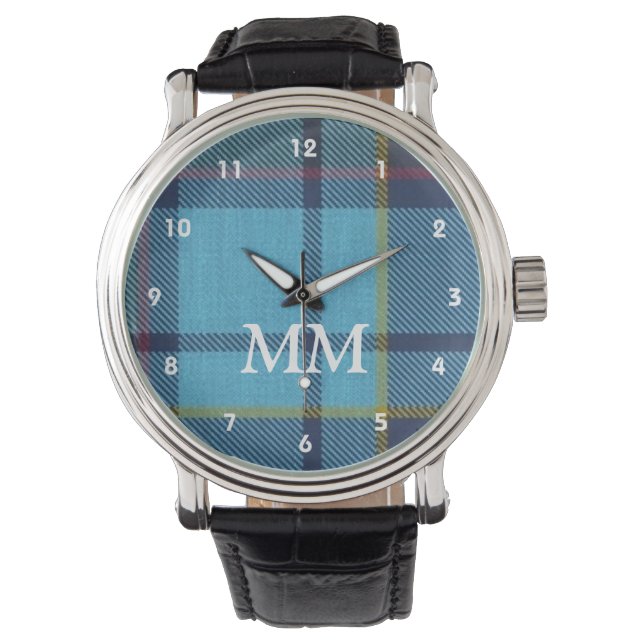 Blå tartan plaid monogramme armbandsur (Framsida)