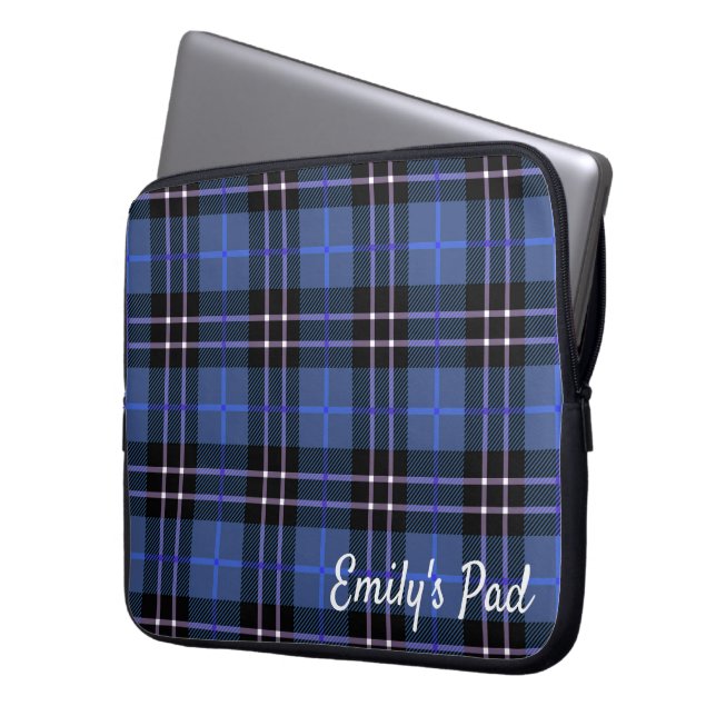 Blå Tartan Rutig Mönster Med Namn  Laptop Fodral (Framsidan Vänster)