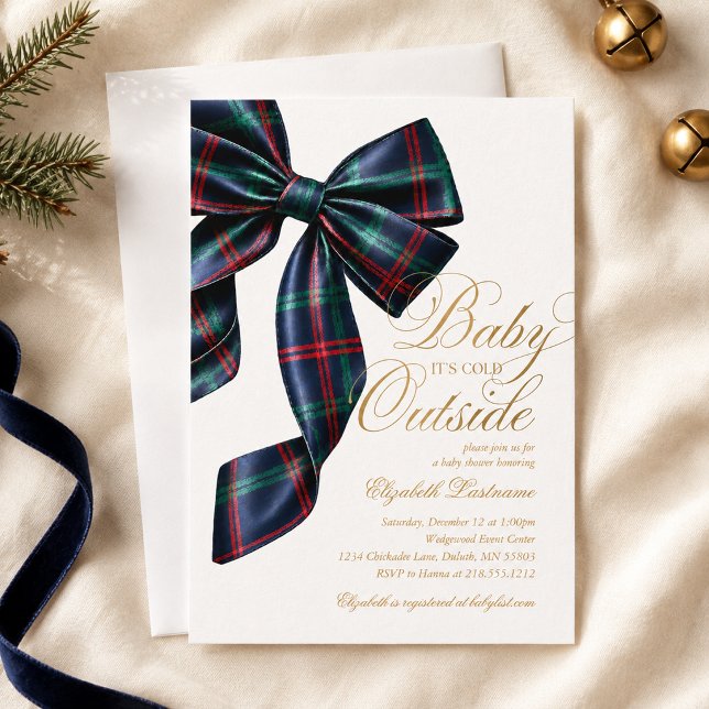 Blå Tartanbåge Vinter Bebis Shower Inbjudan (Blue Tartan Bow Winter Baby Shower Invitation)
