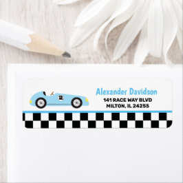 Blå tävlingsbil Racing Vintage racingbil adress Returadress Etikett