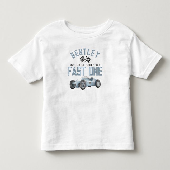 Blå tävlingsbil Snabba ett födelsedags pojke skjor T Shirt (Framsida)