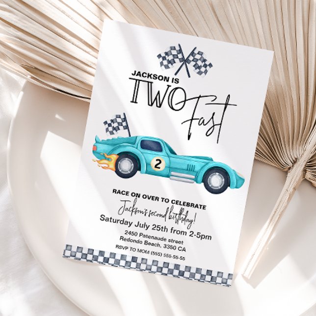 Blå tävlingsbil TVÅ FORT Födelsedagsfest Inbjudningar (Two Fast birthday invitation blue vintage race car)