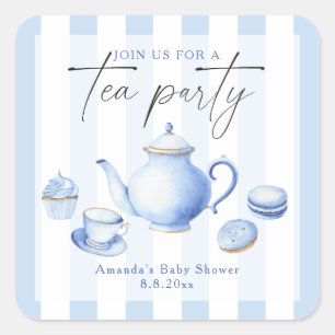 Blå Tea Party Baby Shower Fyrkantigt Klistermärke