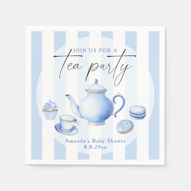 Blå Tea Party Baby Shower Pappersservett (Framsidan)