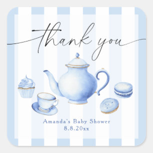 Blå Tea Party Baby Shower Tack Fyrkantigt Klistermärke