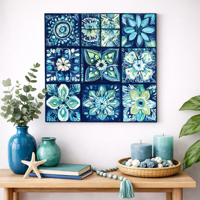 Blå Teal Blommig Kakel Mandala Akvarell Väggkonst (Blue Teal Floral Tile Mandala Watercolor Wall Art)