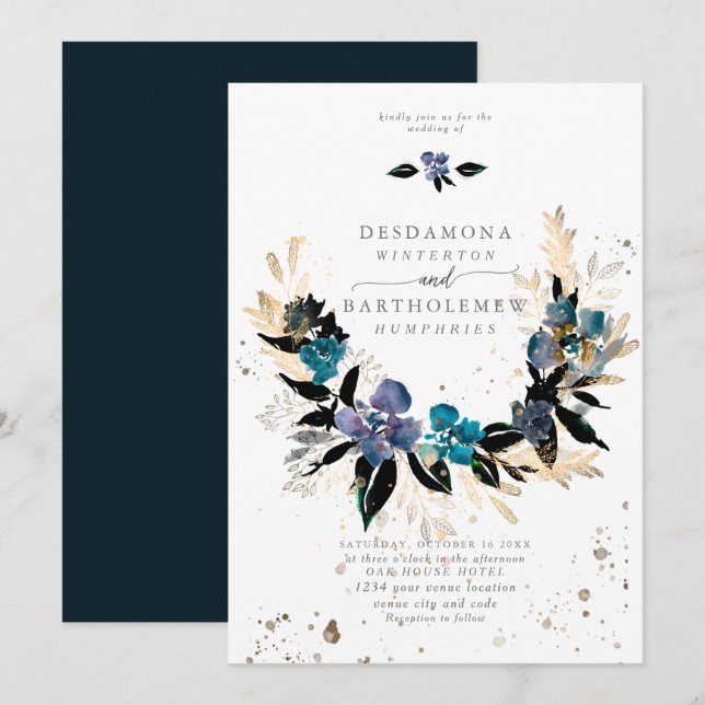 Blå teal Blommigt Bröllop Bouquet Inbjudningar (Fram/baksida)