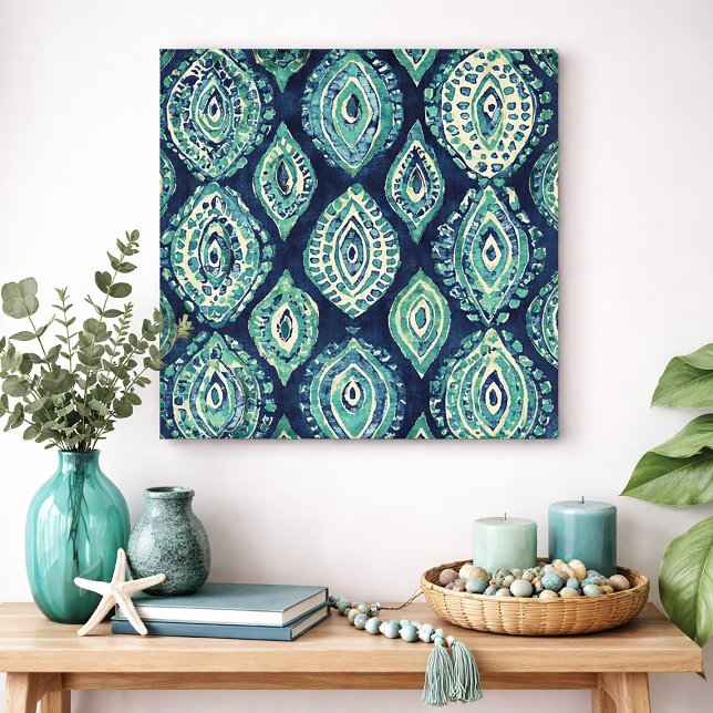 Blå Teal Boho Ikat Medaljong Mönster Modern Kust Poster (Blue and green abstract wall art)