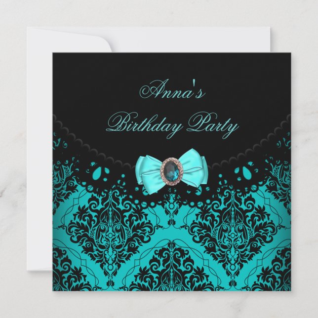 Blå Teal Damask Spets Elegant Födelsedagsfest Inbjudningar (Framsida)