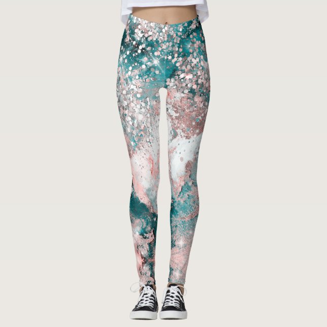 Blå Teal Galaxy Ro Glitter Elegant Design Leggings (Framsida)