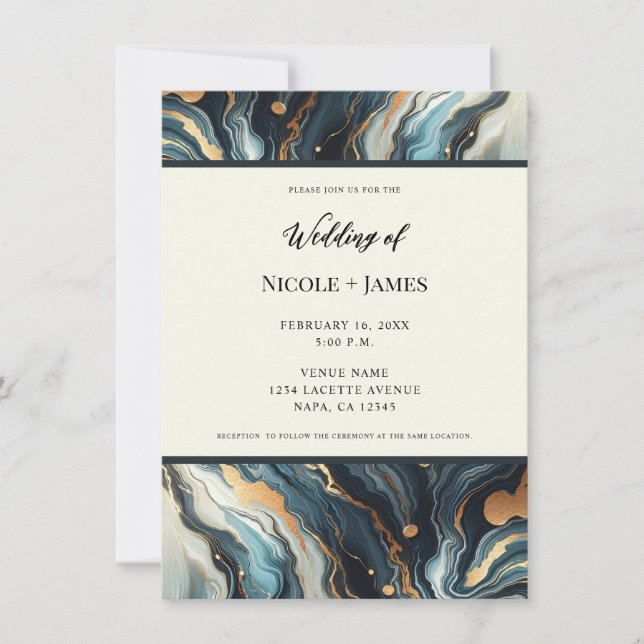 Blå Teal Guld Agat Modern Glam Elegant Bröllop Inbjudningar (Framsida)