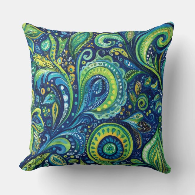 Blå Teal Lime Gröna Whimsical Blommor Kudde (Framsida)