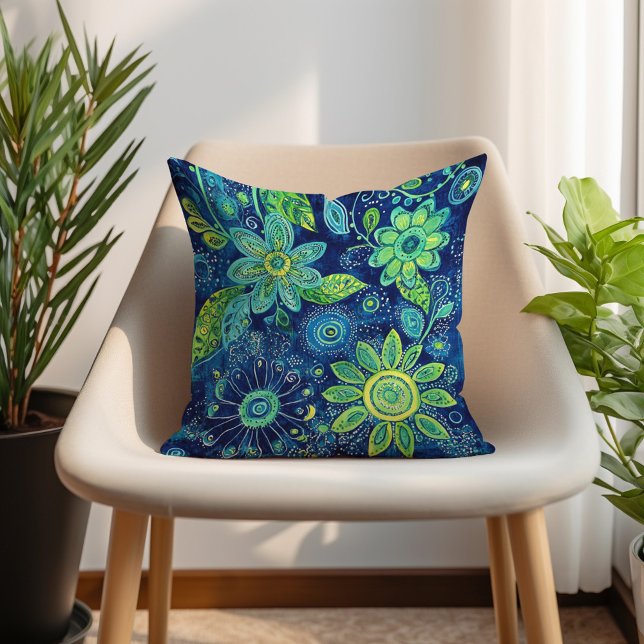 Blå Teal Limegrön Bohemisk Blommig Kudde (Blue Teal Lime Green Bohemian Floral Throw Pillow)
