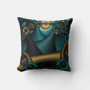 Blå teal- och guld-kedjan Fractal Art-kudde Kudde
