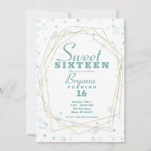 Blå Teal Prickar & Guld Geometrisk Modern Sweet 16 Inbjudningar