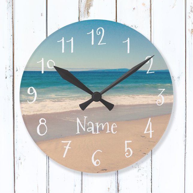 Blå Teal Sandig Strand Scenisk Foto Rund Klocka (Custom Photo Wall Clock)