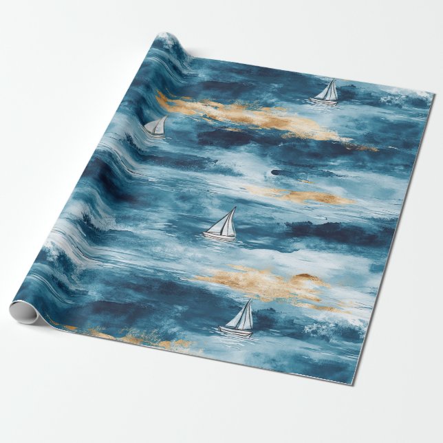 Blå Teal Segelbåt Kustnära Våg Mönster Presentpapper (Utrullad)