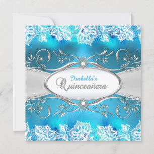 Blå Teal spets & silver Ram Quinceanera Inbjudningar