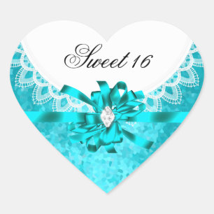 Blå Teal Sweet Sixteen Sweet 16 Vitt Spets Hjärtformat Klistermärke