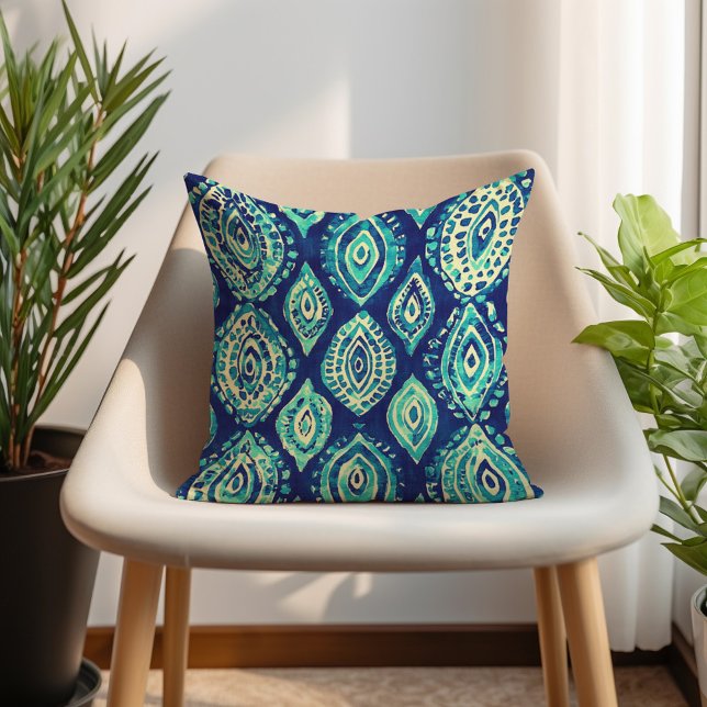 Blå Teal Turkos Bohemisk Mönster  Kudde (Blue Teal Turquoise Bohemian Pattern Throw Pillow)