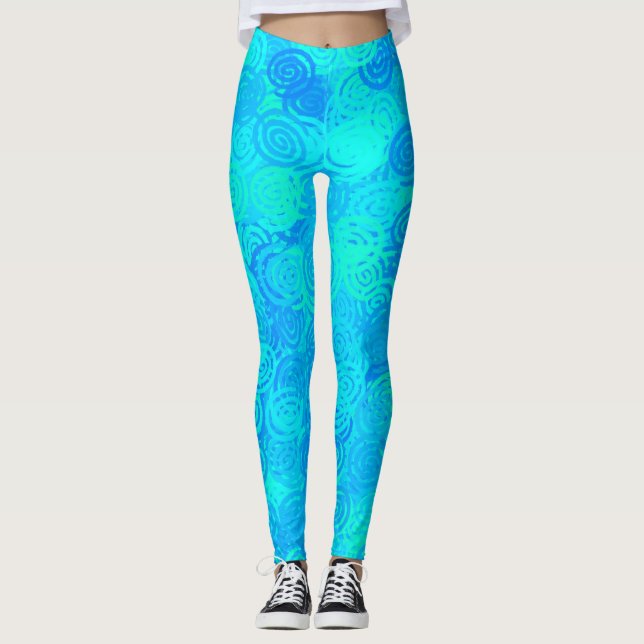 Blå Teal Virvlar Mönster Leggings (Framsida)