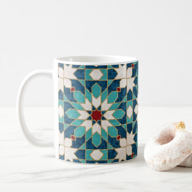 Blå Teal White Red Marble Moroccan Mosaic Kaffemugg (Med munk)