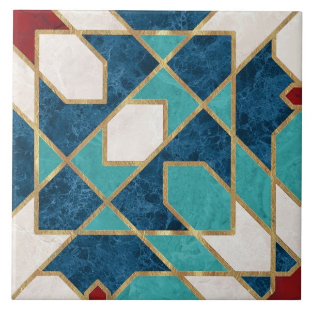 Blå Teal White Red Marble Moroccan Mosaic Kakelplatta (Framsidan)