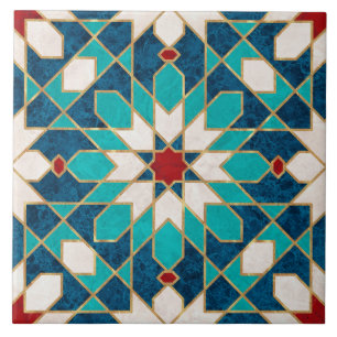 Blå Teal White Red Marble Moroccan Mosaic Kakelplatta