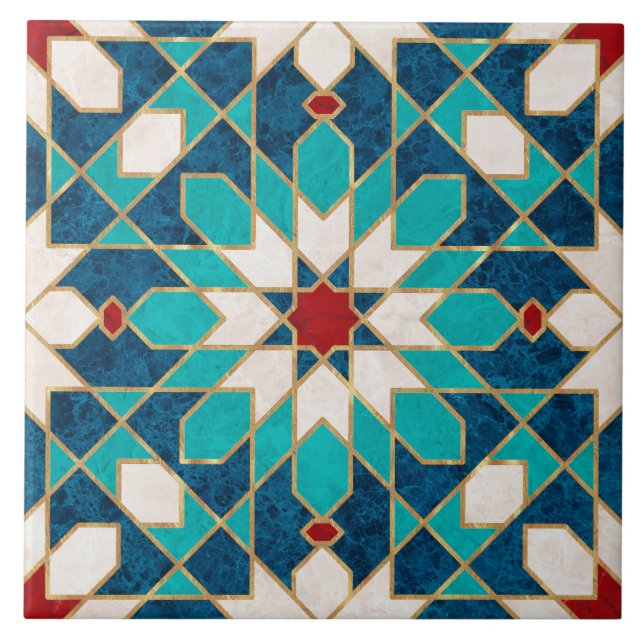 Blå Teal White Red Marble Moroccan Mosaic Kakelplatta (Framsidan)