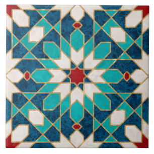 Blå Teal White Red Marble Moroccan Mosaic Kakelplatta