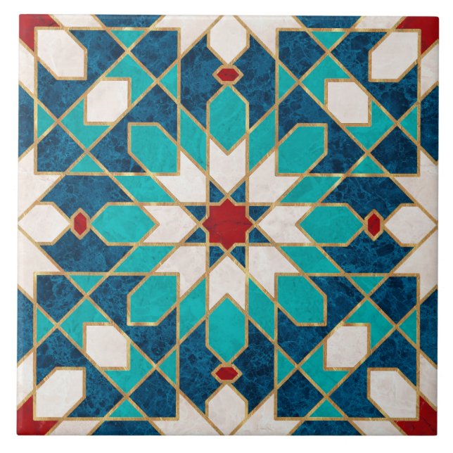 Blå Teal White Red Marble Moroccan Mosaic Kakelplatta (Framsidan)