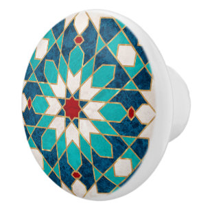 Blå Teal White Red Marble Moroccan Mosaic Knopp