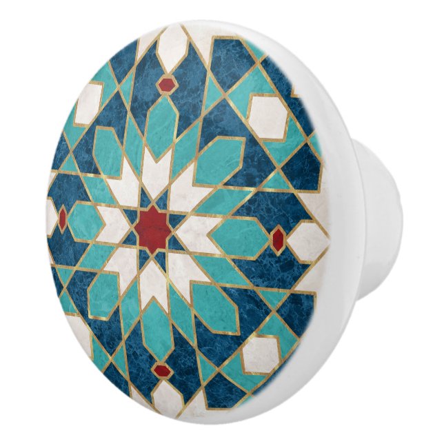 Blå Teal White Red Marble Moroccan Mosaic Knopp (Höger)