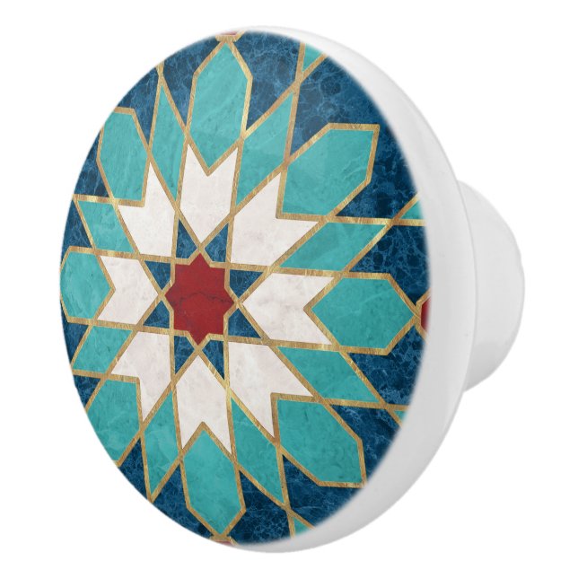 Blå Teal White Red Marble Moroccan Mosaic Knopp (Höger)