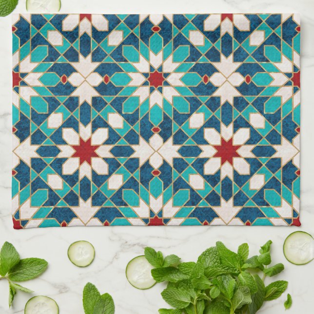 Blå Teal White Red Marble Moroccan Mosaic Kökshandduk (Vikta)