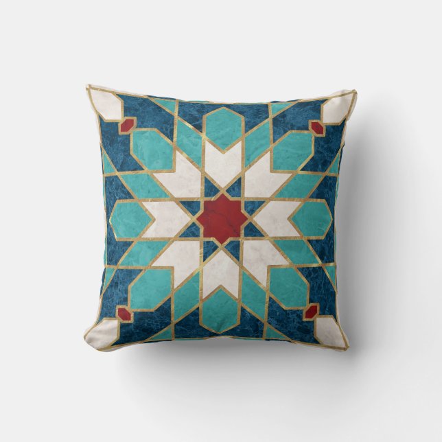 Blå Teal White Red Marble Moroccan Mosaic Kudde (Framsida)