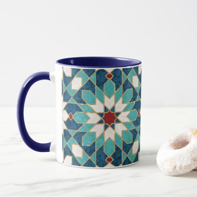 Blå Teal White Red Marble Moroccan Mosaic Mugg (Med munk)