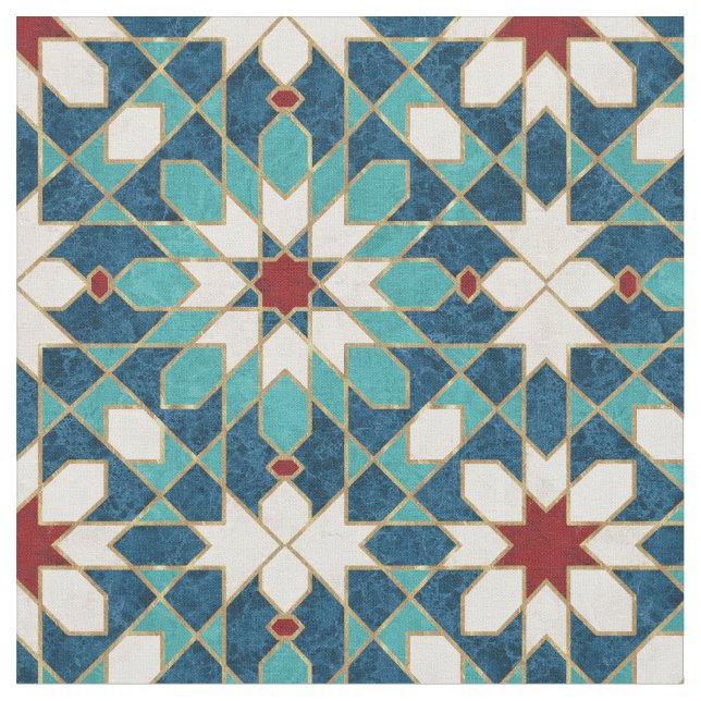 Blå Teal White Red Marble Moroccan Mosaic Tyg (Närbild)