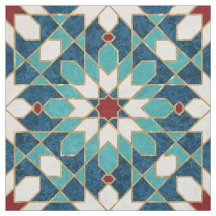 Blå Teal White Red Marble Moroccan Mosaic Tyg