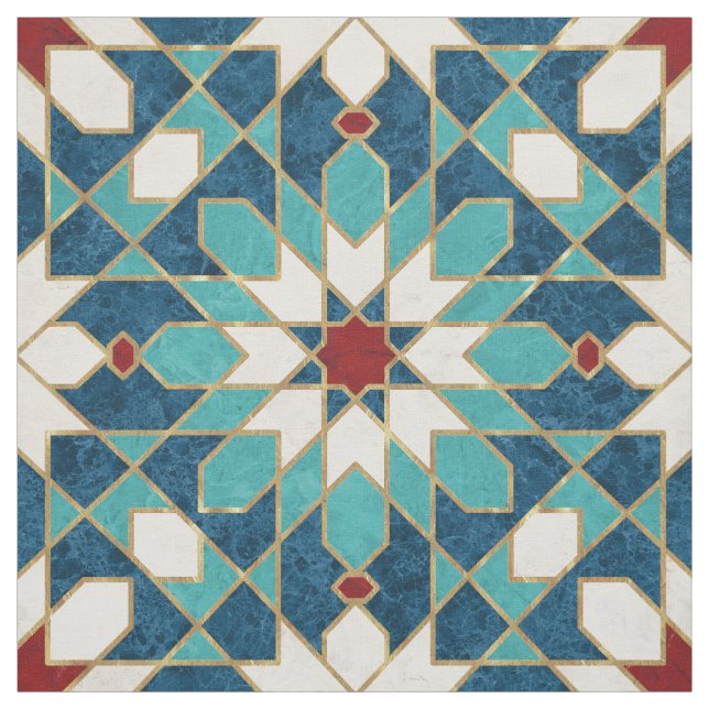 Blå Teal White Red Marble Moroccan Mosaic Tyg (Provkarta)