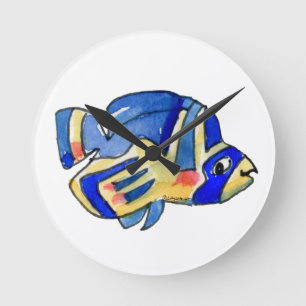 Blå Tecknad Butterfly Fish Rund Klocka