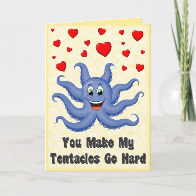 Blå Tecknad Octopus Hearts Funny Valentines day Helgkort (Framsida)
