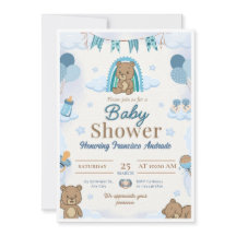 Blå Teddybjörn Baby Boy Bebis Shower Inbjudan